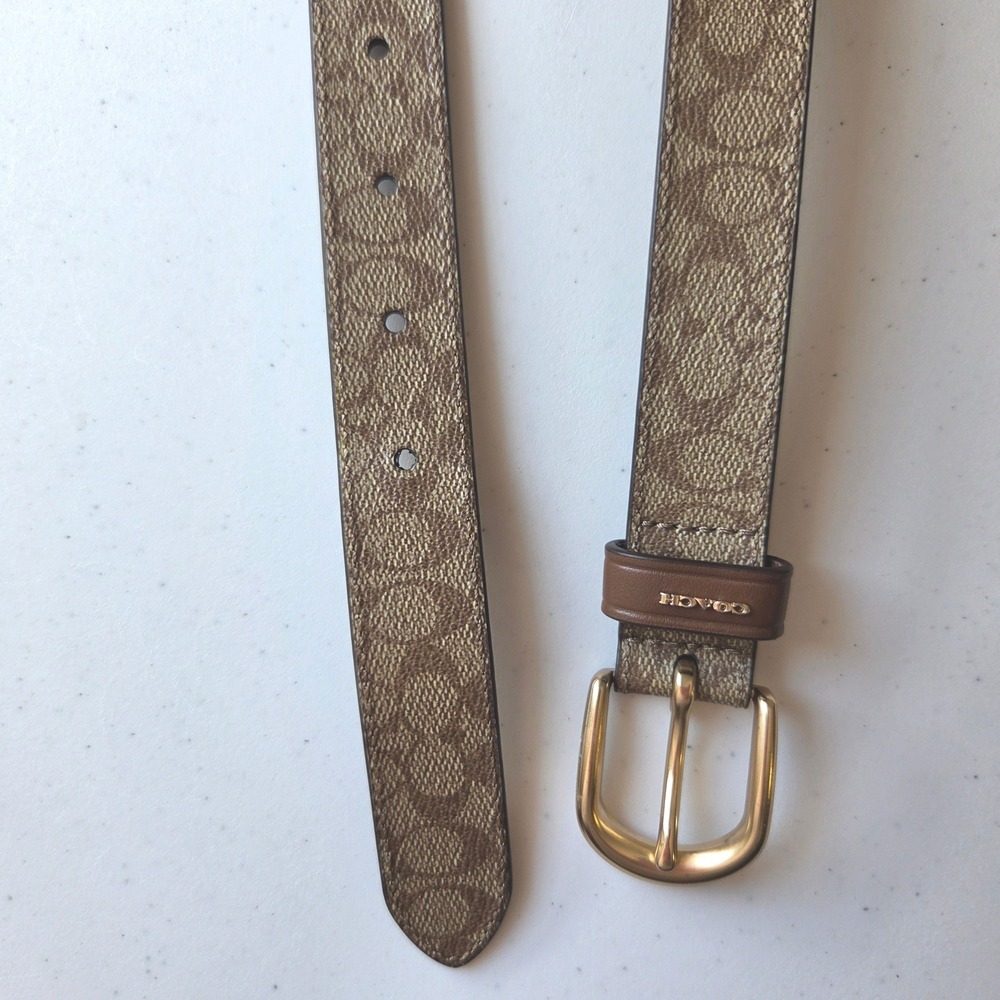 Coach Womens Signature Monogram Leather Trim Belt Khaki Brown Gold F78179 L - Picture 10 of 11